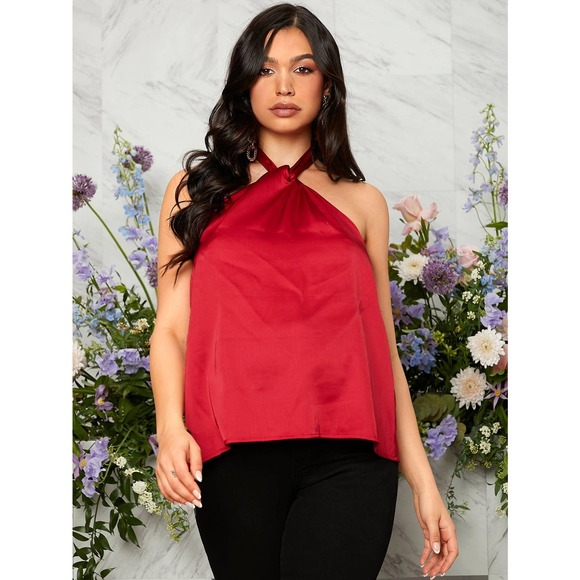 Maternity Tie Backless Halter Top Satin red - Picture 3 of 6